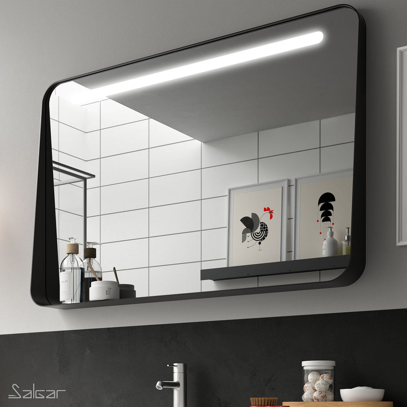 APOLLO Noir 800mm Black Mirror with Shelf & LED Light - Horizontal Black