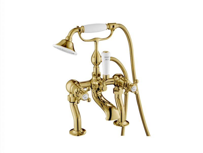 JTP Grosvenor Cross Antique Brass Edition Deck Mounted Bath Shower Mixer with Kit