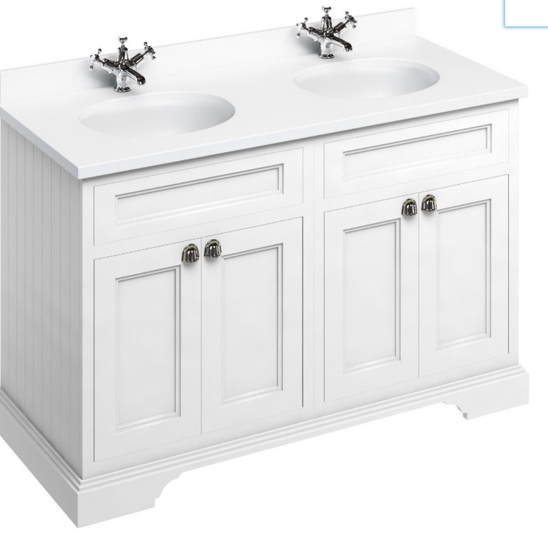 Burlington Freestanding Furniture White 1300mm Double Vanity Unit & Minerva Carrara White Basin