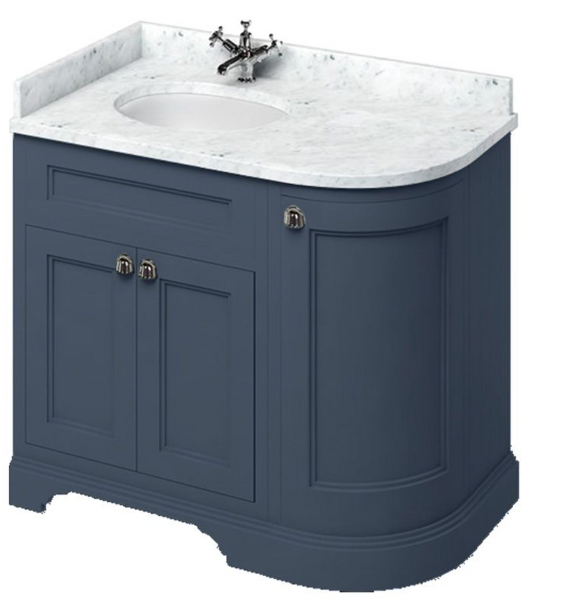 Burlington Curved Furniture Blue 1000mm LH Vanity Unit & Minerva Carrara White Basin Worktop