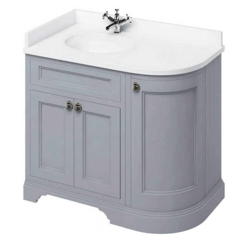 Burlington Curved Furniture Grey 1000mm LH Vanity Unit & Minerva Carrara White Basin Worktop