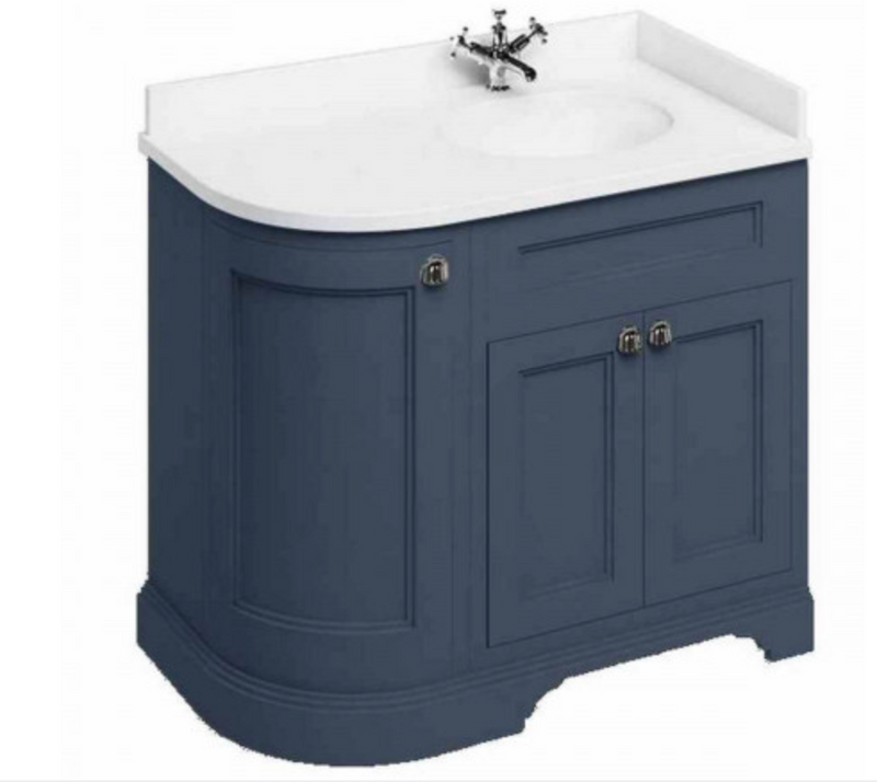 Burlington Curved Furniture Blue 1000mm LH Vanity Unit & Minerva Carrara White Basin Worktop