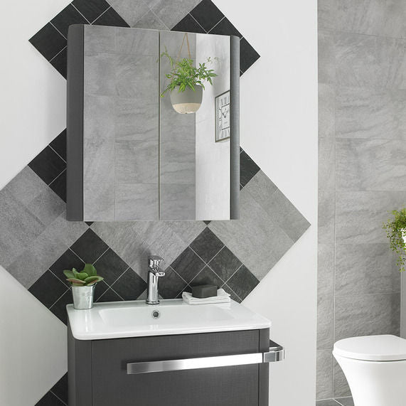 Linen Textured Grey Finish 600 x 650 x 160mm Mirror Wall Storage Cabinet